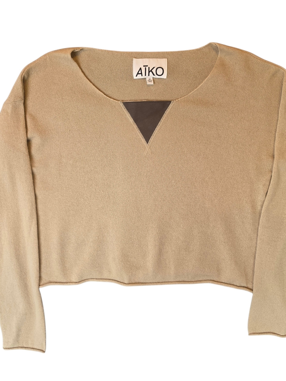 AIKO Tan Cropped Sweater with Triangle Inset XS Wool Cashmere Leather Bohemian